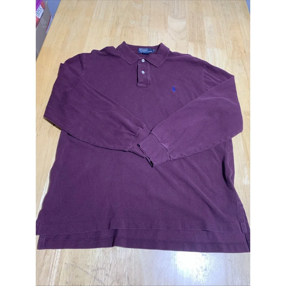 Vintage Polo Ralph Lauren Polo Shirt Large Burgundy Y2K Long‎ Sleeve Collared